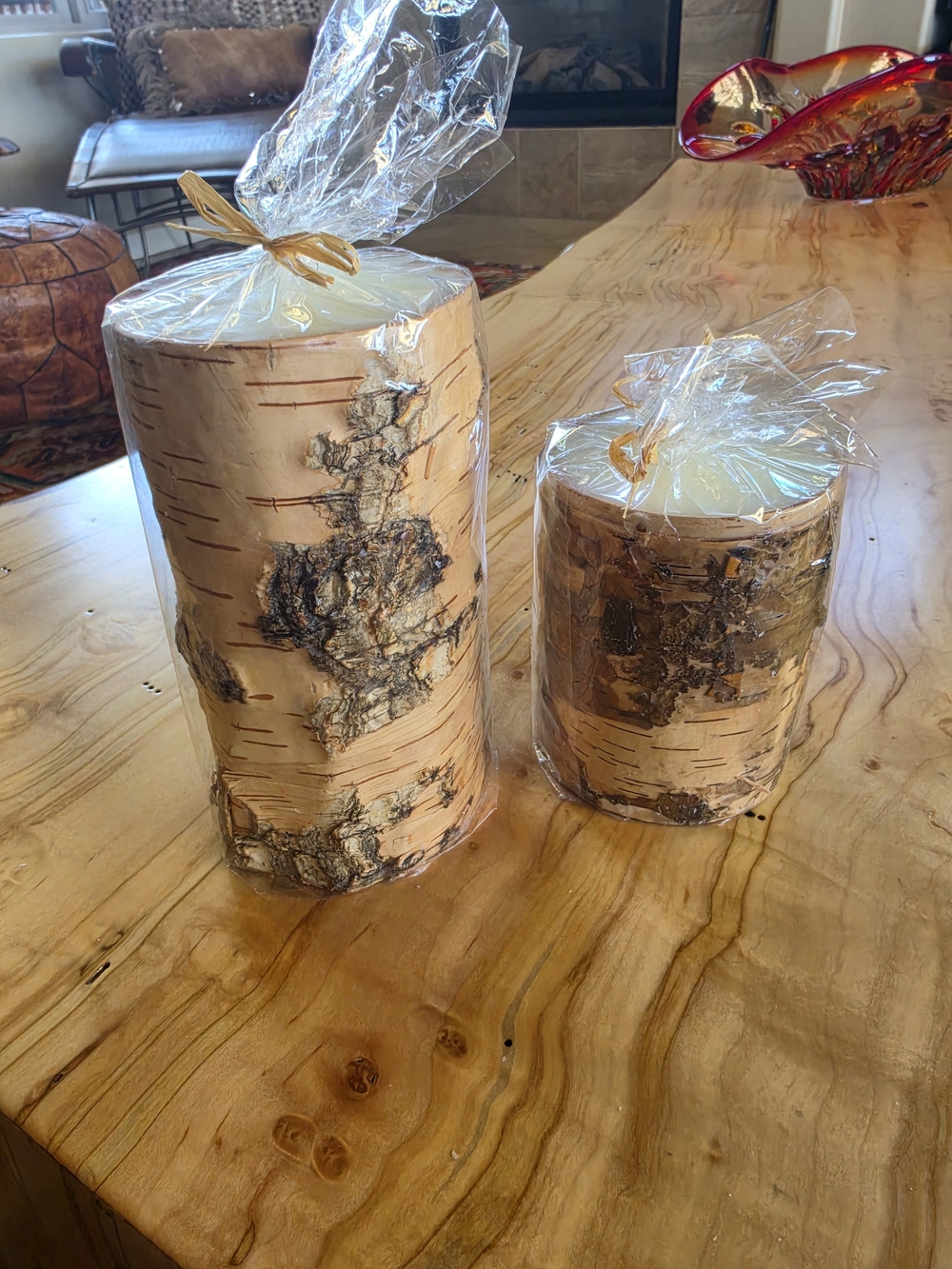 Cost Plus Natural Birch Bark Pillar Candles - Cream Brown - Set/2 New in Bags